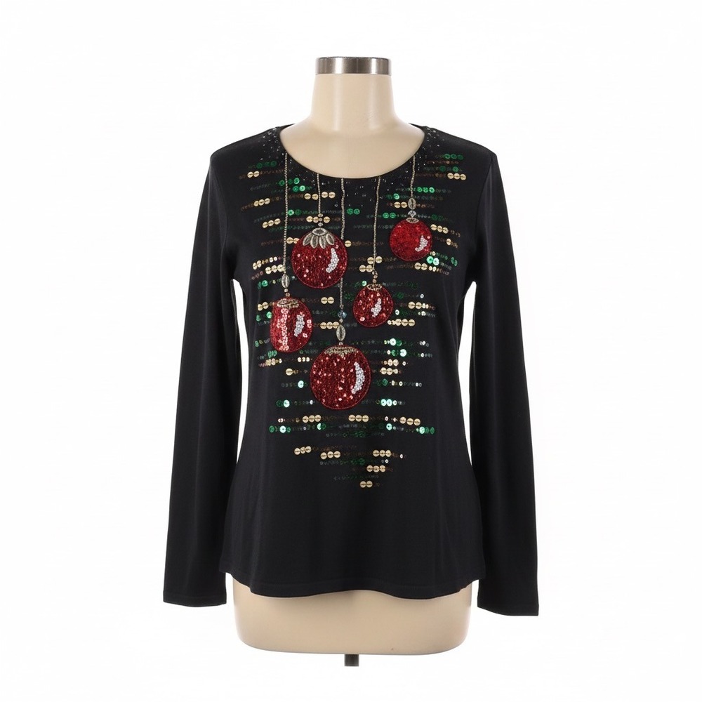 Jack B Quick Sweater XL Black Red Green Sequin Ornament Magic Holiday Sparkly